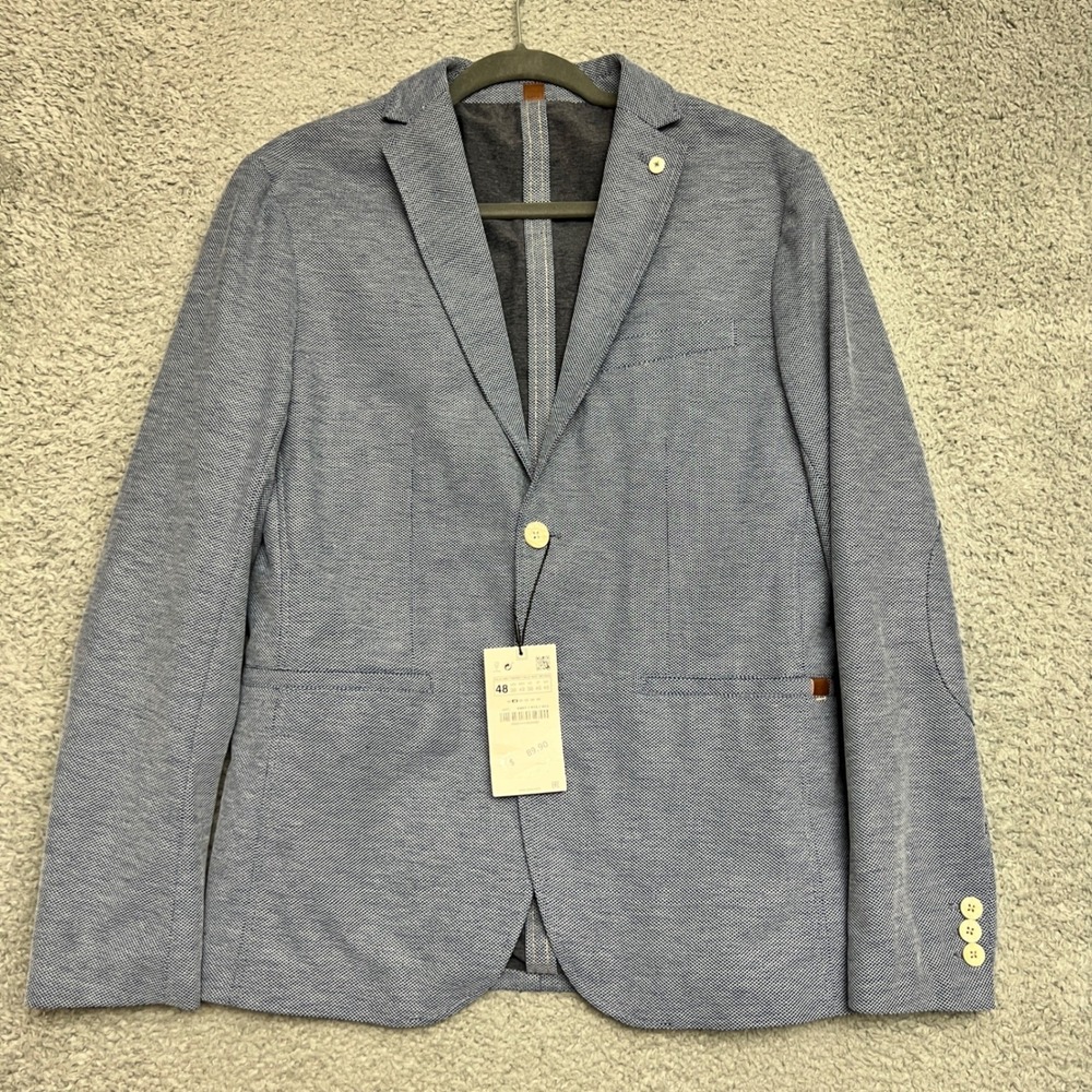 Zara Blazer Men 48 Blue New Textured Two Button Slim Fit Sport Coat Jacket - Picture 2 of 13